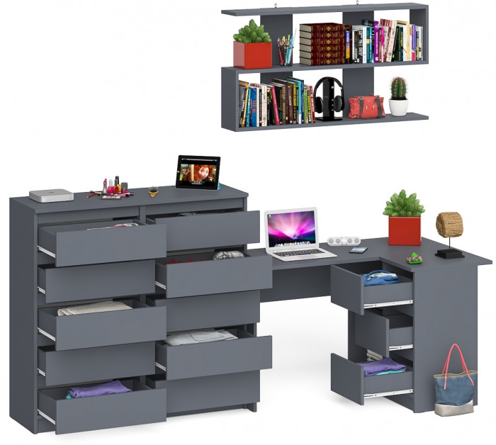 Мори компьютерный стол МС-16 правый + Комод МК1200.10 + Полка 1200, графит