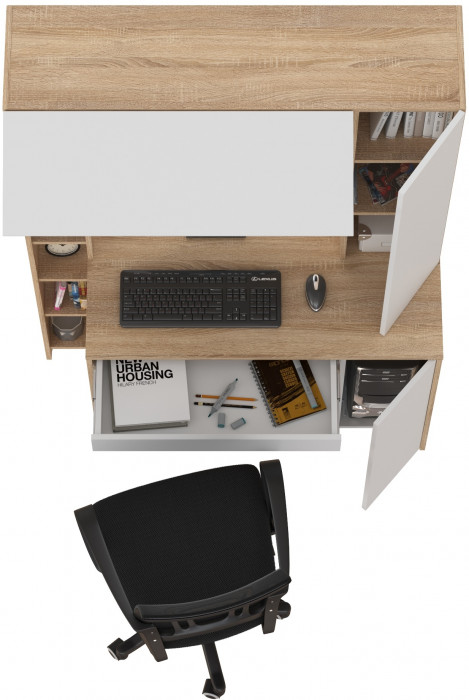 КР100 Стол компьютерный Комфорт 12.71 + кресло 103 чёрное, цвет дуб сонома/белый, ШхГхВ 116,7х60,2х165,4 см., НЕ универсальная сборка