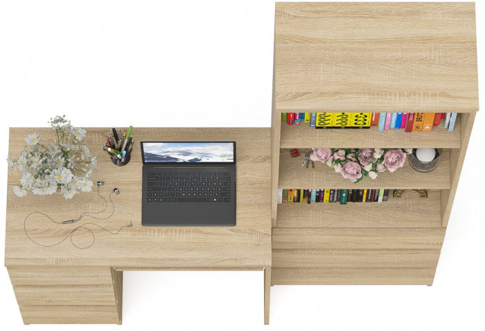 Мори Стол компьютерный МС-6 левый + Стеллаж МСТ600.3, цвет дуб сонома, ШхГхВ 150,4х50х179,6 см., выдвижные ящики слева, НЕ универсальная сборка