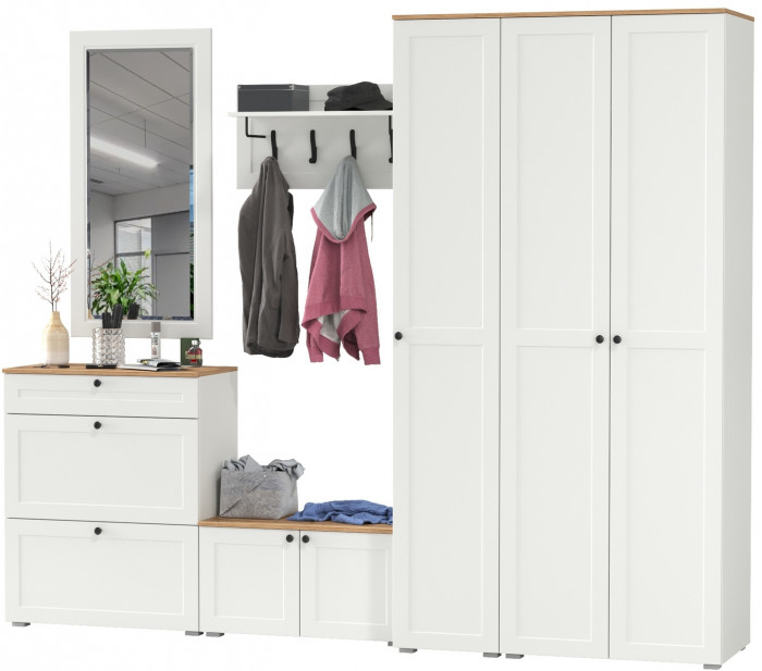 Остин Прихожая 49, цвет белый шагрень/дуб крафт золотой, ШхГхВ 280х54,3х229,6 см., универсальная сборка