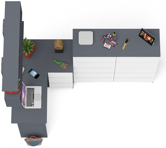 Мори компьютерный стол МС-16 правый + Комод МК1200.10 + Полка 1200, графит/белый