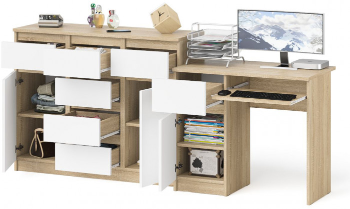 Мори Стол компьютерный МС-1 левый + Комод МК1200.4, цвет дуб сонома/белый, ШхГхВ 210,4х50х94 см., выдвижной ящик слева, НЕ универсальная сборка