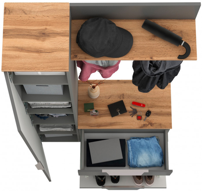 Октава Прихожая 14, цвет серый графит/дуб крафт золотой/фасады МДФ серый графит, ШхГхВ 97,1х35,4х197,6 см., универсальная сборка