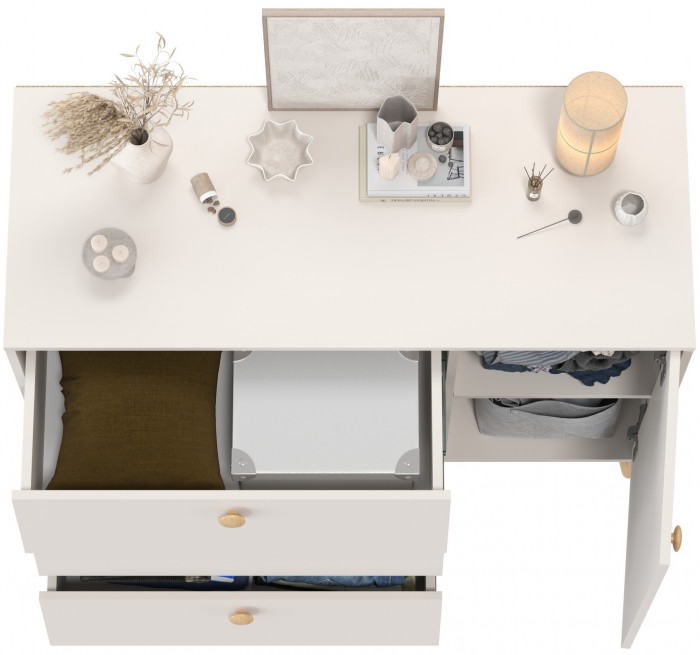 Афина Спальня 4-44901М1к.с. Комод с дверкой и тремя ящиками, цвет кашемир серый, ШхГхВ 110х45,3х83 см., универсальная сборка, цвет ножек: тик