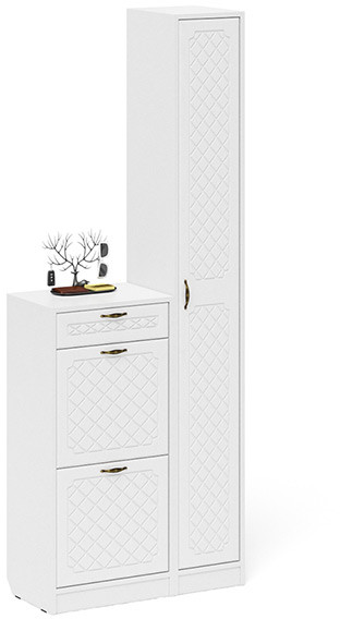 Прихожая П-6 Компоновка № 22, цвет белая шагрень/фасады МДФ белое дерево фрезеровка ромб, ШхГхВ 80х35х210 см., универсальная сборка