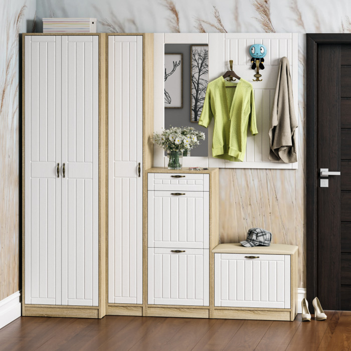 Прихожая П-6-350 Пенал, цвет дуб сонома/фасады МДФ белое дерево фрезеровка прованс, ШхГхВ 30х35х210 см., универсальная сборка