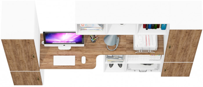 Лидер-8 Пенал МД 23Б + Стол + Полка + Пенал 21Б, белый шагрень/крафт золото