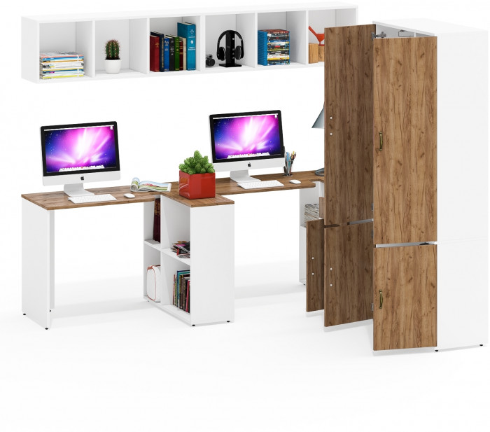 Лидер-8 Стол + Полка + Стол + Полка + Шкаф МД 20Б + Тумба МД 3.15, цвет белый шагрень/крафт золото, 450х50х75/190 или 230х200/50х75/190, НЕ ун. сб.