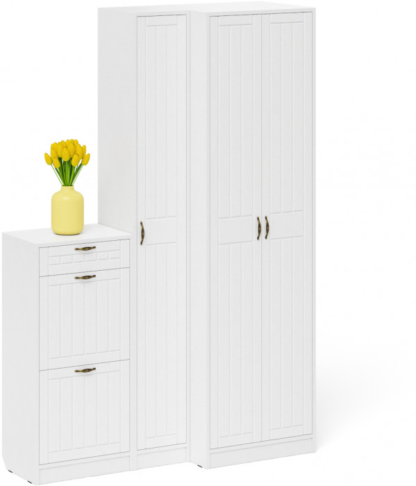 Прихожая П-6 Компоновка № 28, цвет белая шагрень/фасады МДФ белое дерево фрезеровка прованс, ШхГхВ 140х50х210 см., универсальная сборка