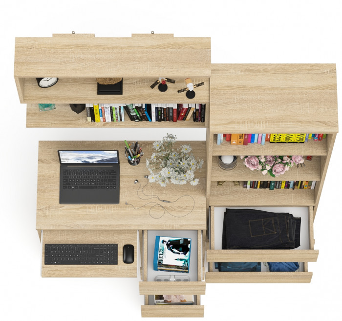 Мори компьютерный стол МС-6 правый + Стеллаж МСТ600.3 + Полка 900, дуб сонома