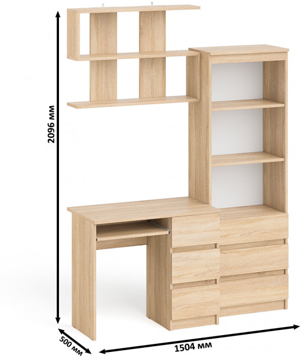 Мори компьютерный стол МС-6 правый + Стеллаж МСТ600.3 + Полка 900, дуб сонома