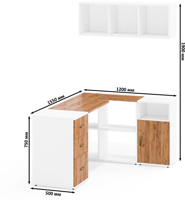 Лидер-8 Стол + Полка + Тумба МД 3.16 + Тумба МД 3.19, цвет белый шагрень/крафт золото, ШхГхВ 245х50/30х75/190 или 155х120/50х75/190 с, НЕ универс. сб.
