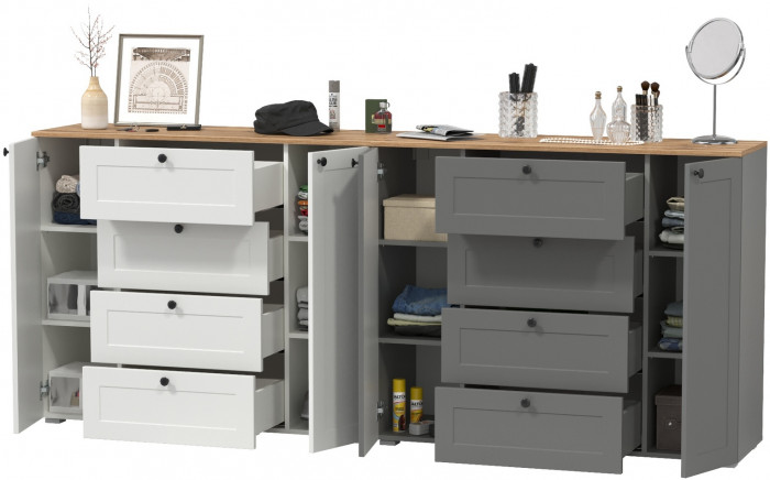 Остин 16.221 Комод + 16.221 Комод, цвет белый шагрень/серый графит/дуб крафт золотой, ШхГхВ 240х41,9х99,3 см., универсальная сборка