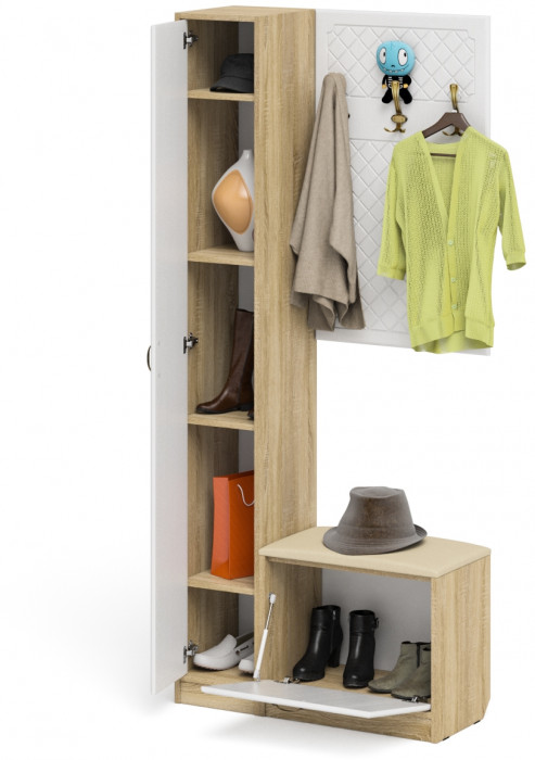 Прихожая П-6 Компоновка № 21, цвет дуб сонома/фасады МДФ белое дерево фрезеровка ромб, ШхГхВ 90х35х210 см., универсальная сборка