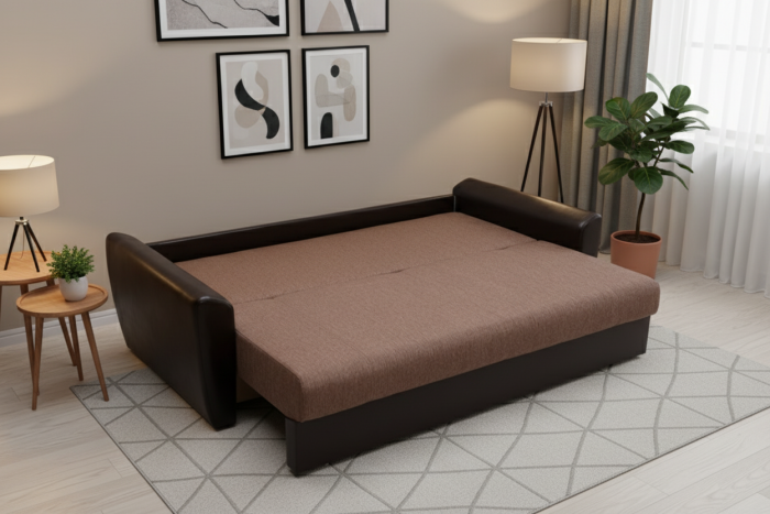 Диван-книжка Амстердам, 120х190, рогожка/экокожа, коричневый