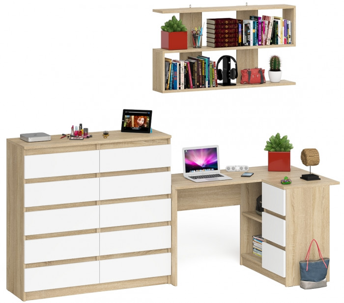 Мори компьютерный стол МС-16 правый + Комод МК1200.10 + Полка 1200, дуб сонома/белый