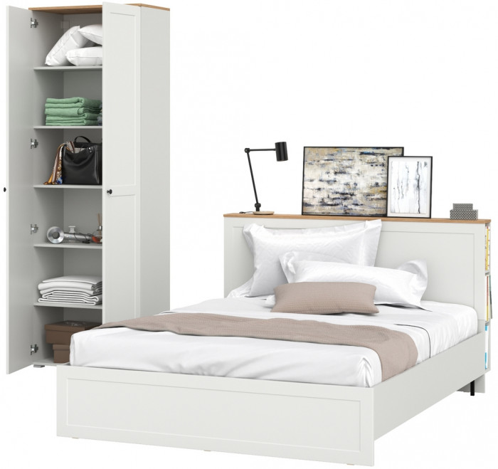 Остин 11.53 Кровать + ортопед + 16.307 Шкаф, белый шагрень/дуб крафт золотой