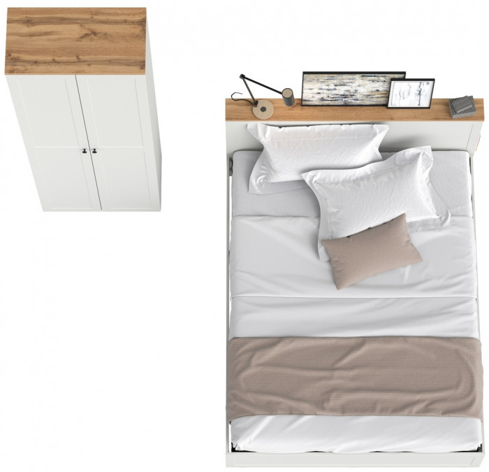 Остин 11.53 Кровать + ортопед + 16.307 Шкаф, белый шагрень/дуб крафт золотой