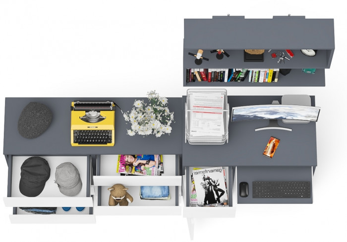 Мори Стол компьютерный МС-1 левый + Комод МК1200.6 + Полка 900, цвет графит/белый, ШхГхВ 210,4х50х209,6 см., НЕ универсальная сборка