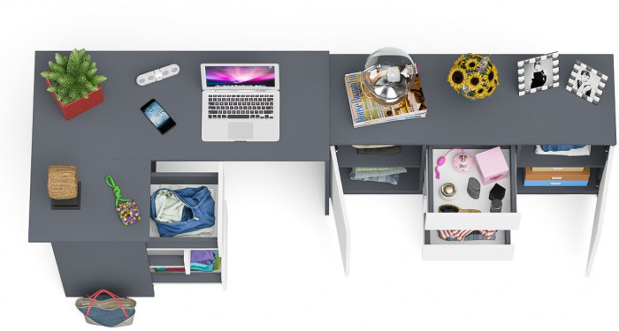 Мори Стол компьютерный МС-16 левый + Комод МК1200.3, цвет графит/белый, ШхГхВ 244,8х84,9х76,6 см., выдвижные ящики слева, НЕ универсальная сборка