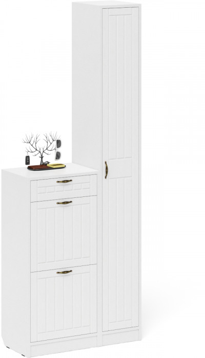 Прихожая П-6 Компоновка № 22, цвет белая шагрень/фасады МДФ белое дерево фрезеровка прованс, ШхГхВ 80х35х210 см., универсальная сборка