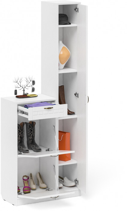 Прихожая П-6 Компоновка № 22, цвет белая шагрень/фасады МДФ белое дерево фрезеровка прованс, ШхГхВ 80х35х210 см., универсальная сборка