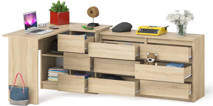 Мори Стол компьютерный МС-16 правый + Комод МК1200.6, цвет дуб сонома, ШхГхВ 244,8х84,9х76,6 см., выдвижные ящики справа, НЕ универсальная сборка