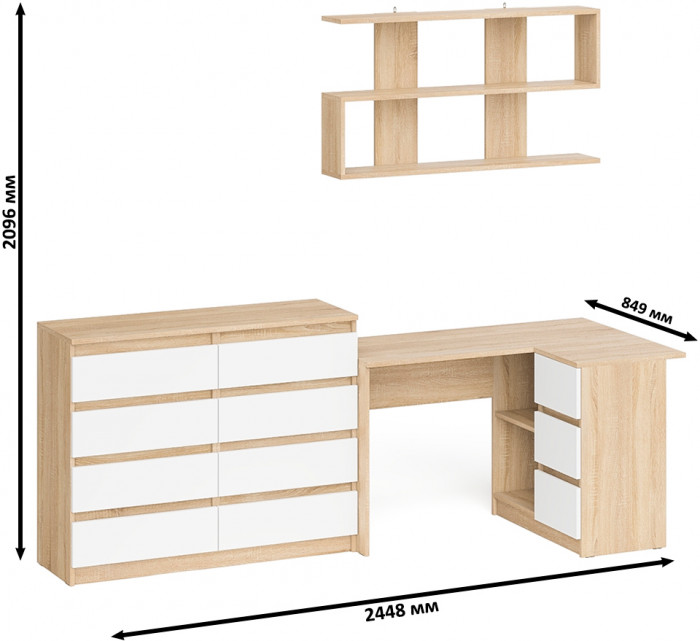Мори компьютерный стол МС-16 правый + Комод МК1200.8 + Полка 1200, дуб сонома/белый