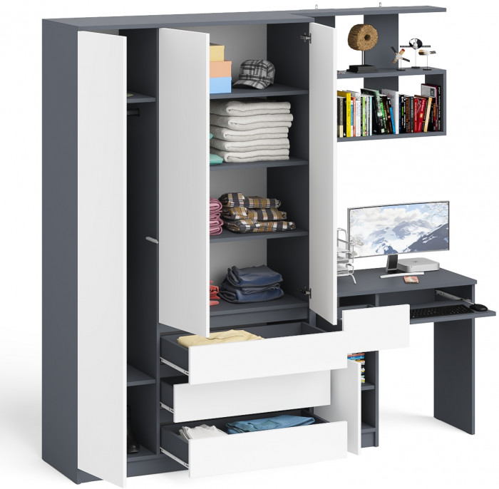 Мори Стол компьютерный МС-1 левый + Шкаф МШ1200.1 + Полка 900, цвет графит/белый, ШхГхВ 210,4х50,4х209,6 см., НЕ универсальная сборка
