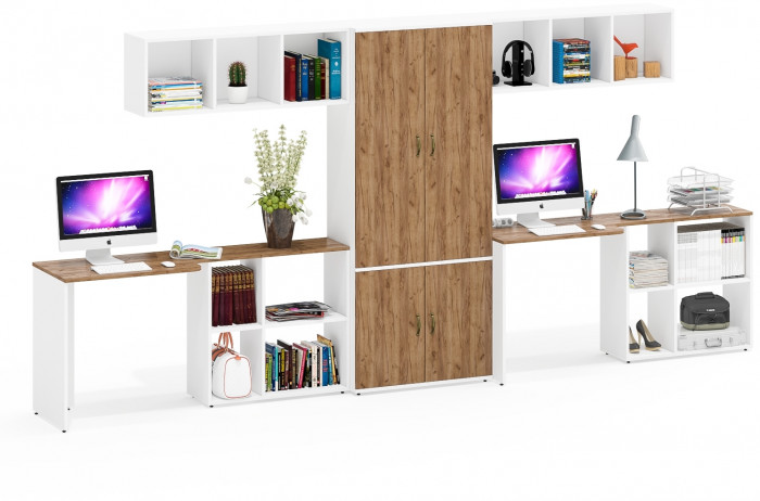 Лидер-8 Стол + Полка + Стол + Полка + Шкаф МД 20Б, цвет белый шагрень/крафт золото, ШхГхВ 410х50/37,5х75/190 или 230х160/50х75/190 см., НЕ ун. сборка