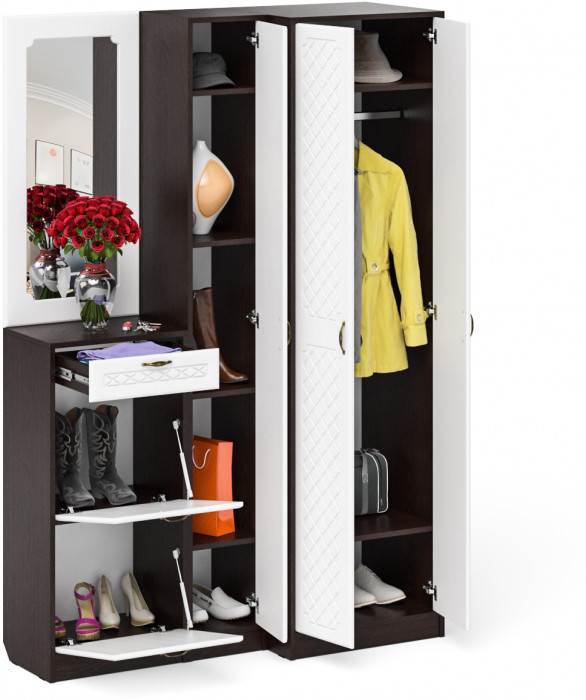 Прихожая П-6 Компоновка № 29, цвет венге/фасады МДФ белое дерево фрезеровка ромб, ШхГхВ 140х50х210 см., универсальная сборка