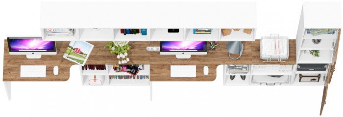 Лидер-8 Стол + Полка + Стол + Полка + Пенал, белый шагрень/крафт золото