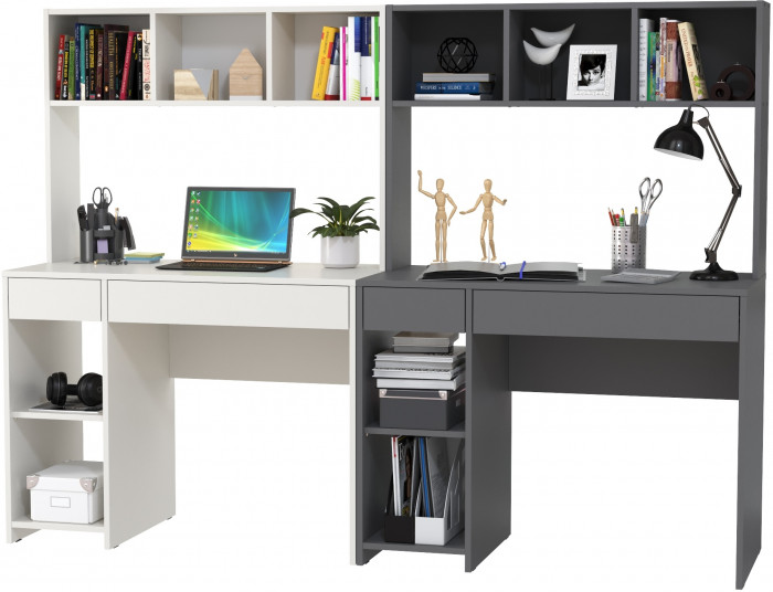 Стол компьютерный Комфорт 12.77F + Стол компьютерный Комфорт 12.77F, цвет белый шагрень/тёмно-серый, ШхГхВ 200х49,8х147 см., универсальная сборка