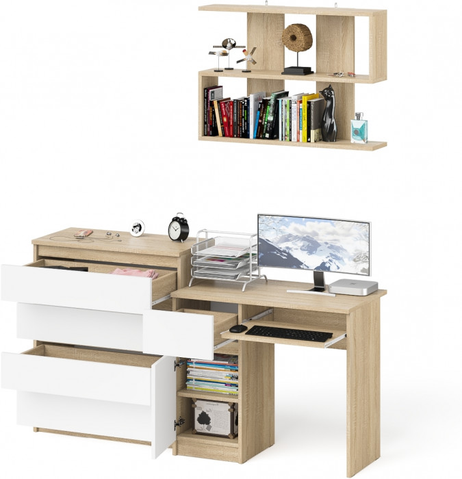 Мори компьютерный стол МС-1 левый + Комод МК800.4 + Полка 900, дуб сонома/белый