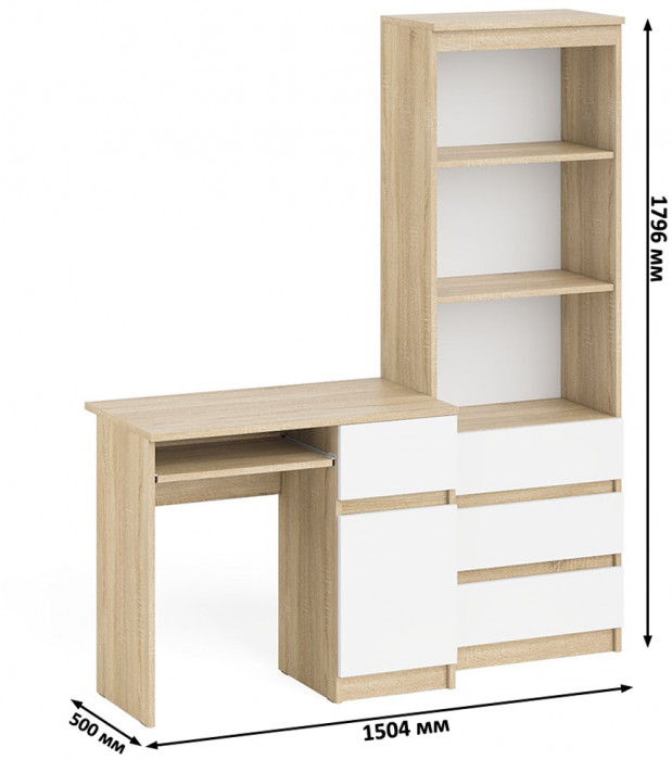 Мори компьютерный стол МС-1 правый + Стеллаж МСТ600.3, дуб сонома/белый