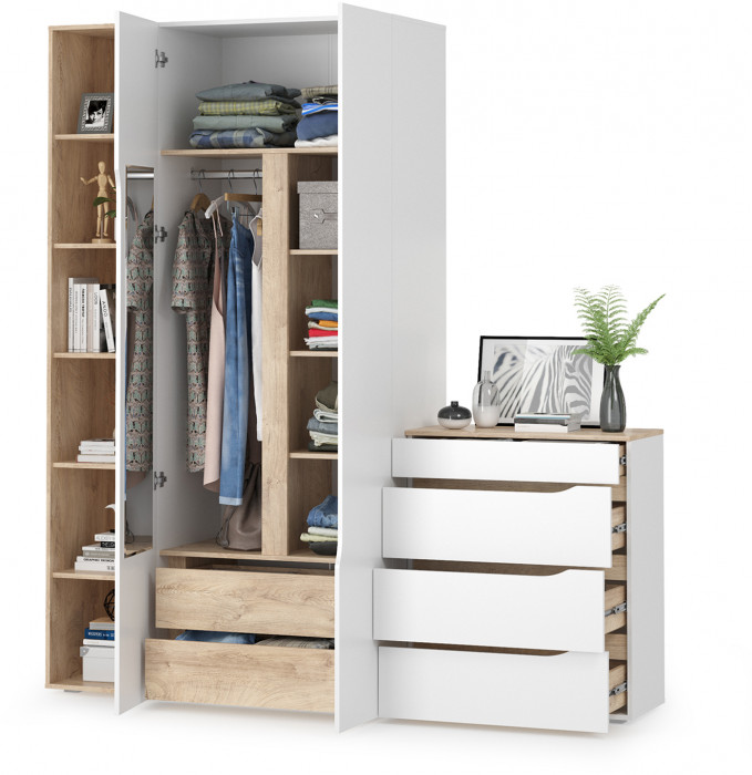 Муссон 13.198 Шкаф двухстворчатый + 13.349 Стеллаж + 13.97 Комод, цвет белый/дуб эндгрейн элегантный, ШхГхВ 204,6х52,3х229,8 см., НЕ универс. сборка