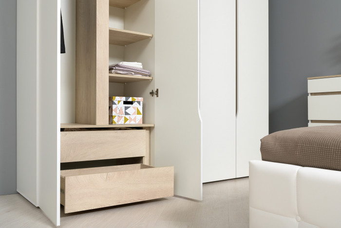 Муссон 13.198 Шкаф двухстворчатый + 13.349 Стеллаж + 13.97 Комод, цвет белый/дуб эндгрейн элегантный, ШхГхВ 204,6х52,3х229,8 см., НЕ универс. сборка