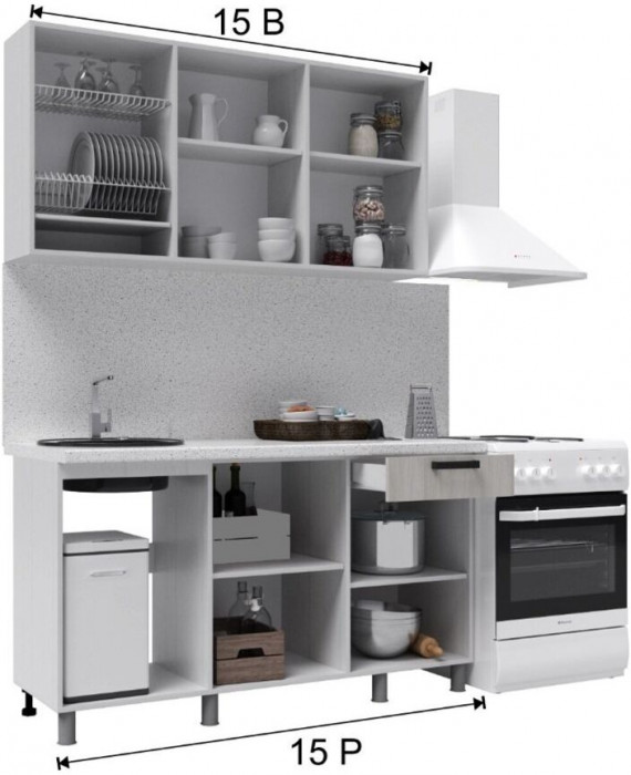 Кухонный гарнитур Кампео 1,5м Белый снег/Бриз/столешница Олдвуд