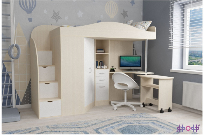 Кровать-чердак Юниор 4 (Дуб молочный/Белое дерево)