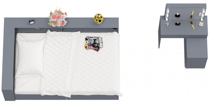 Ксения Кровать с ящиками 1200 + прикроватный блок + Столик с подсветкой 110, графит