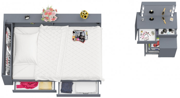 Ксения Кровать с ящиками 1200 + прикроватный блок + Столик с подсветкой 110, графит