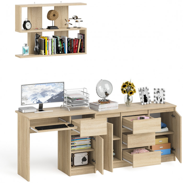 Мори компьютерный стол МС-1 правый + Комод МК1200.3 + Полка 900, дуб сонома
