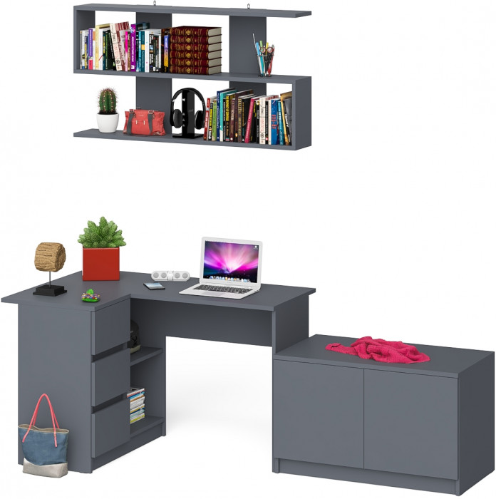 Мори компьютерный стол МС-16 левый + Тумба МА900.1 + Полка 1200, графит