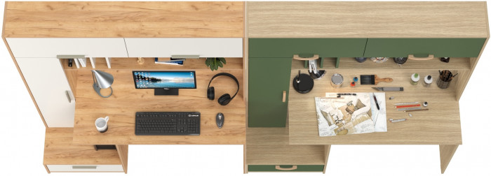 Два Стола письменных Лайт 03.243Н, цвет дуб крафт золотой/белый премиум/плэйн/дымчатый зелёный, ШхГхВ 300,4х57,3х179,9 см., НЕ универсальная сборка