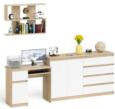 Мори Стол компьютерный МС-1 левый + Комод МК1600.1 + Полка 900, цвет дуб сонома/белый, ШхГхВ 250,4х50х209,6 см., НЕ универсальная сборка