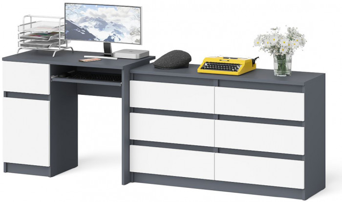 Мори Стол компьютерный МС-1 левый + Комод МК1200.6, цвет графит/белый, ШхГхВ 210,4х50х76,6 см., выдвижной ящик слева, НЕ универсальная сборка