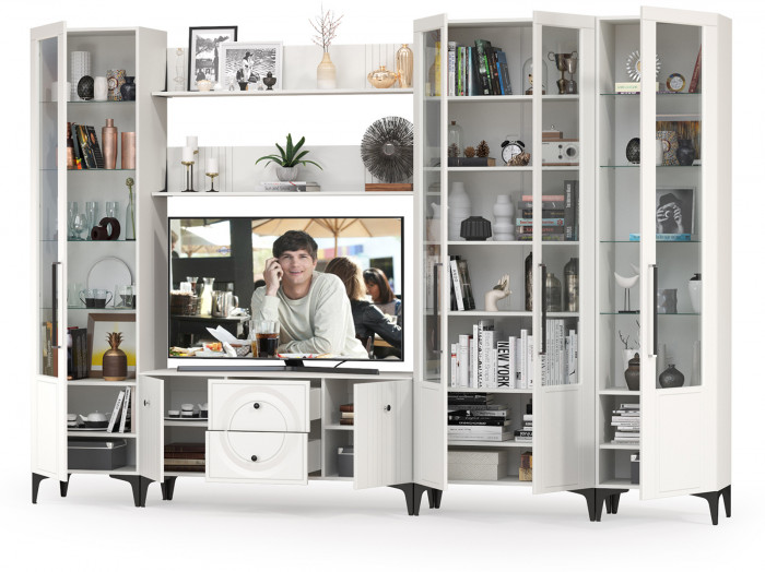 Валенсия Гостиная № 070, цвет ЛДСП белый шагрень/МДФ белый шагрень, ШхГхВ 327,2х38,3х225,2 см., ниша для ТВ 133х38х117 см., универсальная сборка