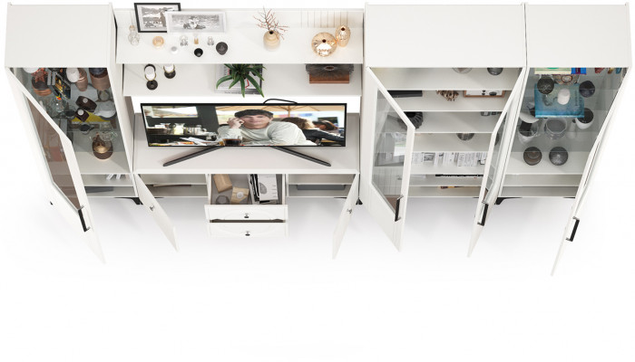 Валенсия Гостиная № 070, цвет ЛДСП белый шагрень/МДФ белый шагрень, ШхГхВ 327,2х38,3х225,2 см., ниша для ТВ 133х38х117 см., универсальная сборка