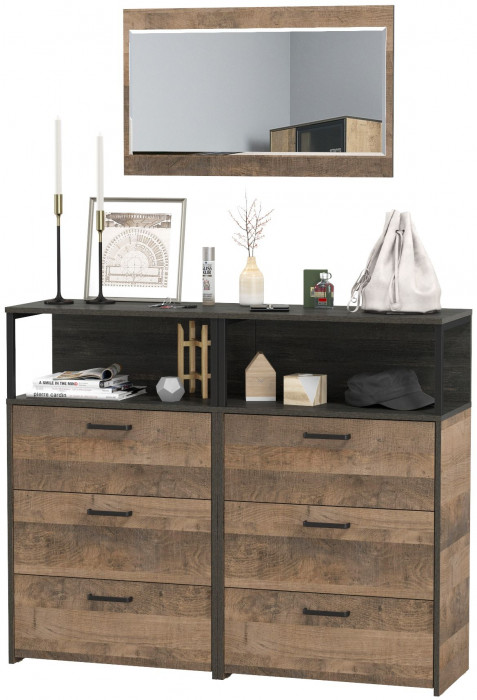 Трувор 13.307.02 Комод с ящиками + 13.307.02 Комод с ящиками + 15.30 Зеркало, цвет дуб гранж песочный/интра, ШхГхВ 132х37х195 см.