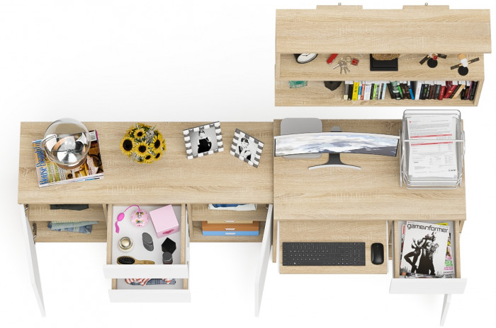 Мори компьютерный стол МС-1 правый + Комод МК1200.3 + Полка 900, дуб сонома/белый